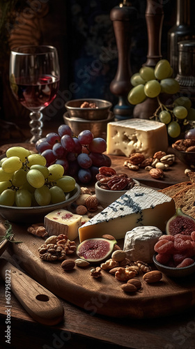 Cheese board, grapes, nuts and wine. AI generated.