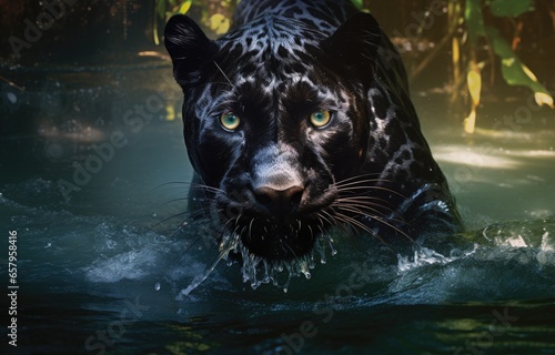 Black jaguar in the waters of a river brook, in the forest, created with AI © Timeless_art