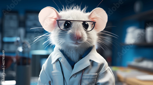 a mouse in a lab coat with glasses on the lab photo