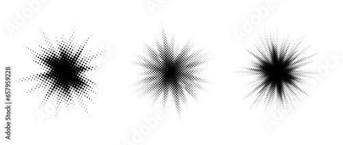 Halftone burst element set. Pop art dotted explosion blast collection. Comic light star glow. Black grunge texture effect. Abstract retro shine star flare for decoration. Vector pixelated splash pack