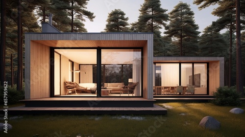 clean lines and minimalist design of a modern comfort cottage, background image, generative AI