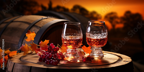 Rotwein in Gläser in edler Dekoration mit Herbstblätter im Querformat für Banner, ai generativ