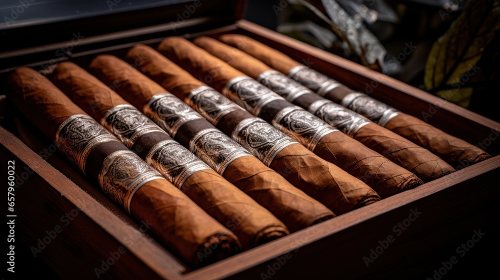 Premium cigars nestled in a wooden case Premium cigars nestled in a wooden case