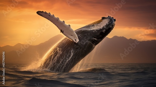 Humpback whale breaching majestically against a sunset sky