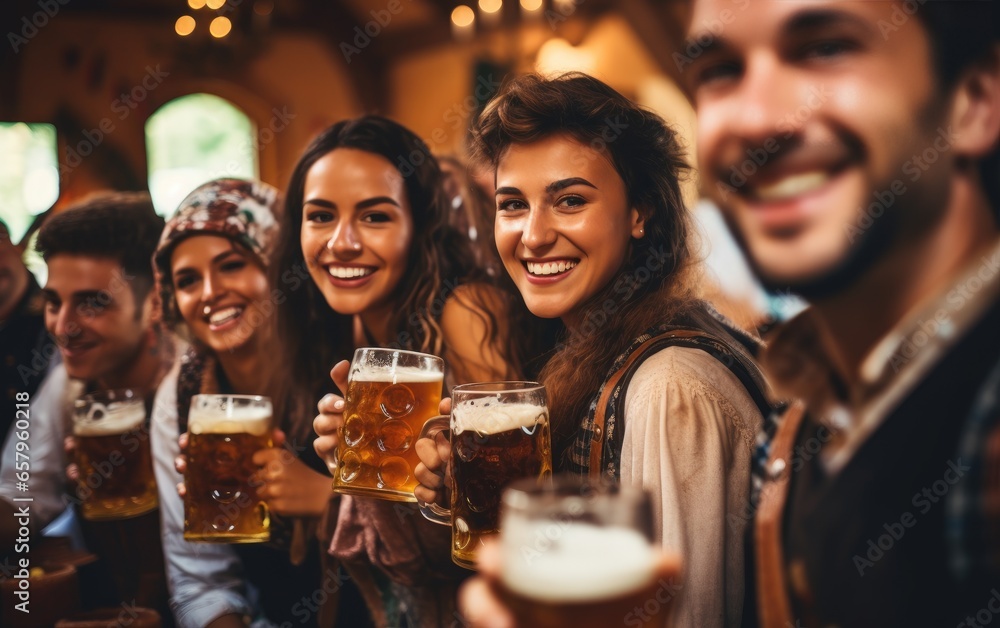 A group of people in traditional Bavarian clothing, holding full glasses of beer and pretzels. Generative AI - obrazy, fototapety, plakaty 