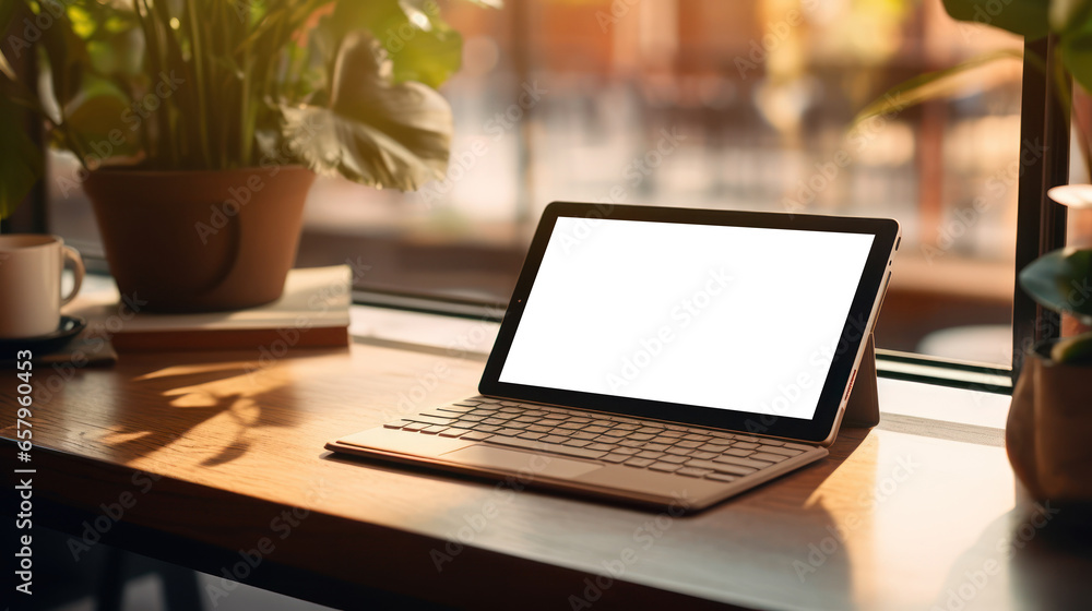 Tablet with its keyboard, ready for input in a cafe setting Tablet with its keyboard, ready for input in a cafe setting
