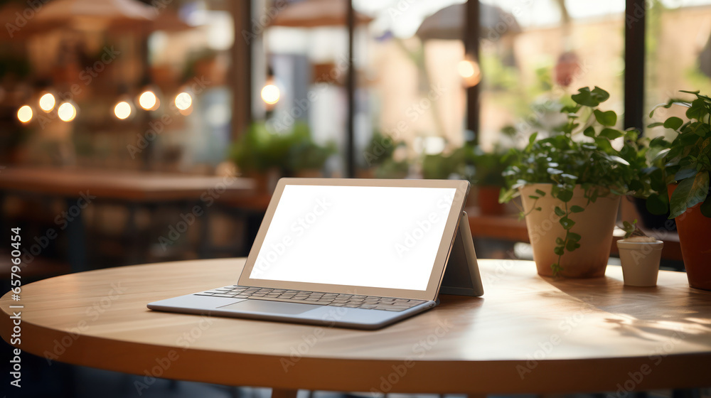 Tablet with its keyboard, ready for input in a cafe setting
