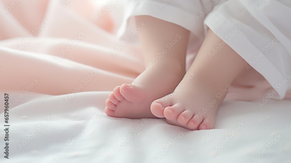 Delicate feet of a newborn nestled on a soft white blanket Delicate feet of a newborn nestled on a soft white blanket