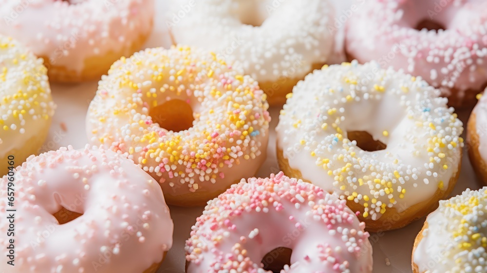 Overhead view of donuts sprinkled with icing sugar Overhead view of donuts sprinkled with icing sugar