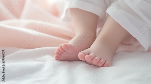 Delicate feet of a newborn nestled on a soft white blanket