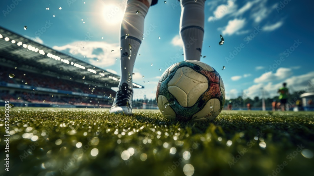 A soccer ball to kick in a sunny stadium. - obrazy, fototapety, plakaty 