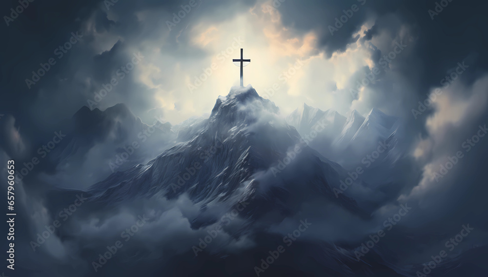 a cross is seen rising out of clouds above a mountain - obrazy, fototapety, plakaty 