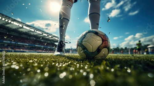 A soccer ball to kick in a sunny stadium.