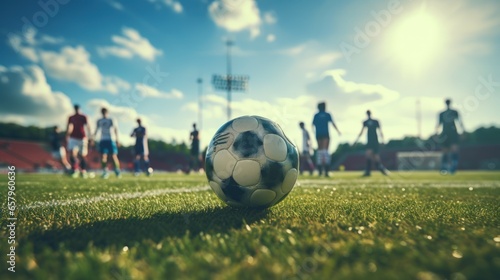 A soccer ball to kick in a sunny stadium. © sirisakboakaew
