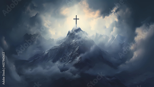 a cross is seen rising out of clouds above a mountain photo