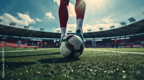 A soccer ball to kick in a sunny stadium. © sirisakboakaew
