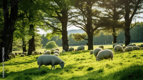 Tranquil gathering of sheep grazing on the verdant lakeside meadows