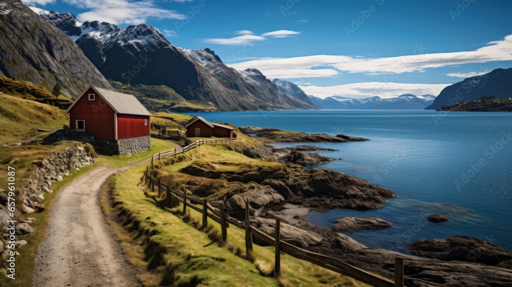 Norwegian landscape with old redwood barns at the sea coast