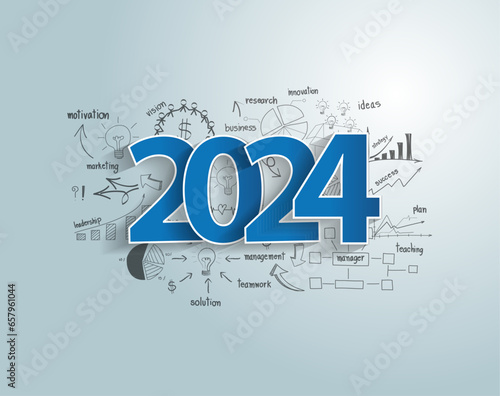 2024 business success ideas concept with creative thinking drawing charts and graphs strategy plan, Vector illustration modern template layout