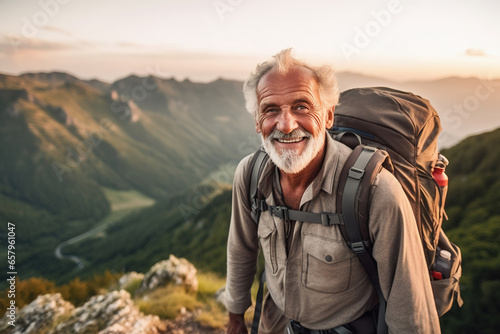 Active retired Hispanic man hiking outdoors in mountains in summer