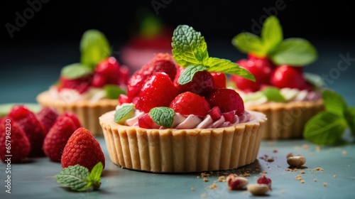 Delectable mini tart adorned with fresh strawberries and mint