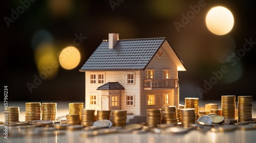 House model alongside rising stacks of coins. Property Investments