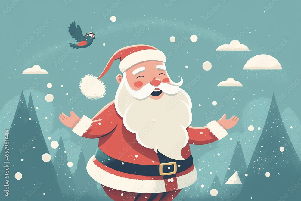 Obraz premium Santa Claus with big signboard. Merry Christmas and Happy New Year! Holiday greeting card. Holiday cartoon character in winter season.