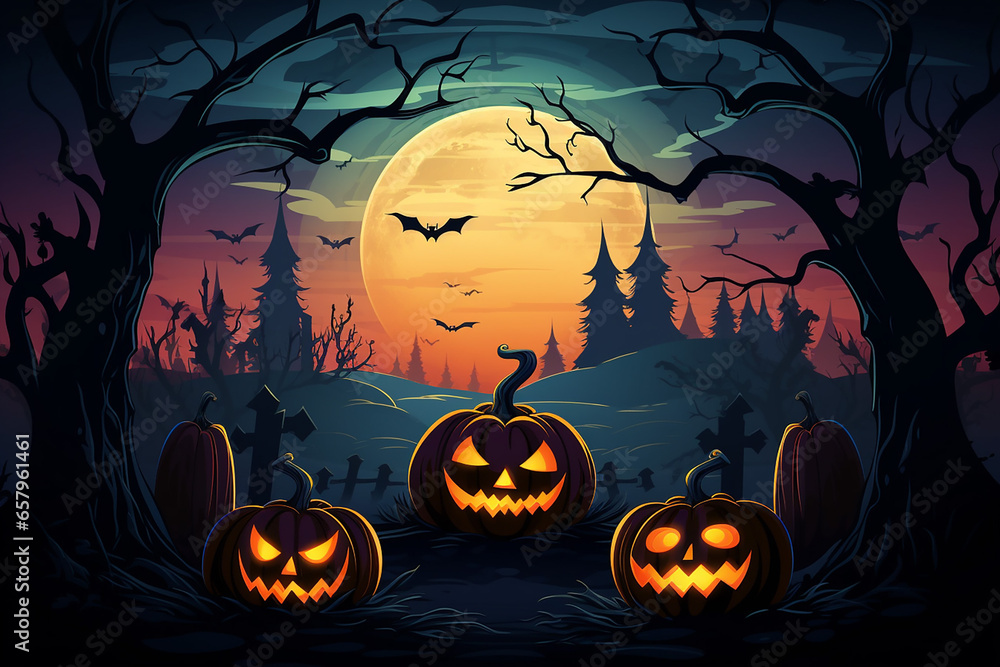 halloween illustration with big moon, bare trees, flying bats, scary castle and halloween pumpkins, generative AI