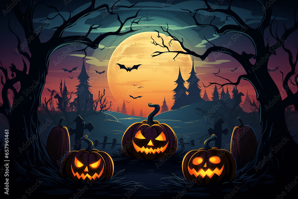 halloween illustration with big moon, bare trees, flying bats, scary castle and halloween pumpkins, generative AI halloween illustration with big moon, bare trees, flying bats, scary castle and halloween pumpkins, generative AI