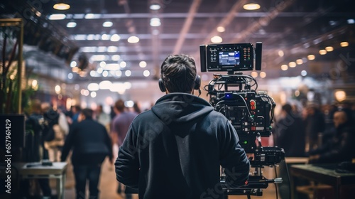 Camera operator immersed in filming an indoor event photo