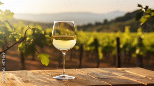 White wine glass on table view of wine farm daylight © Kordiush