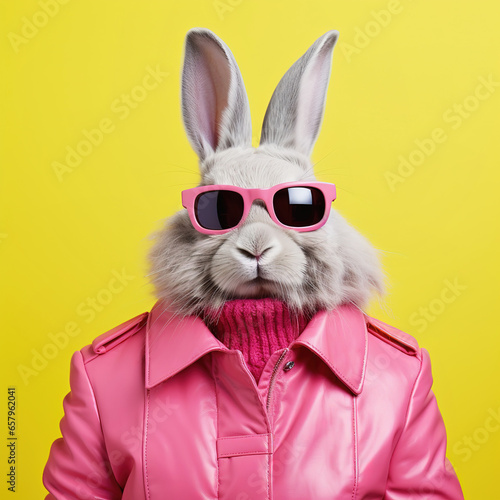 Fashion rabbit in pink faux leather jacket. Trendy pink color © lermont51