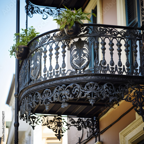 Close up of ironwork on a balcony in the French Quarter in New Orleans. A Mardi Gras and architecture concept.  photo