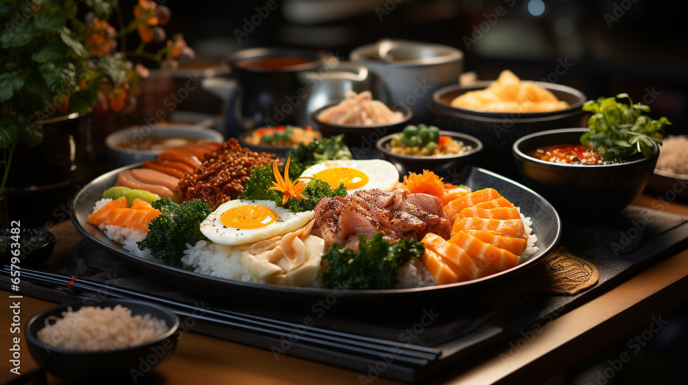 Modern Japanese breakfast set with salmon sashimi. Modern Japanese breakfast set with salmon sashimi.
