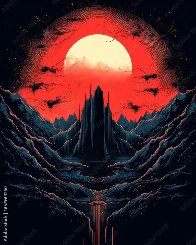 Illustration of an earth in the sun surrounded by mountains covered in  red colored fog, linear illustrations, distorted perspective, dark and intricate, poster for the apocalypse.
