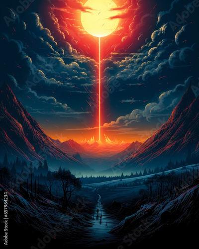 Illustration of an earth in the sun surrounded by mountains covered in red colored fog, linear illustrations, distorted perspective, dark and intricate, poster for the apocalypse. 