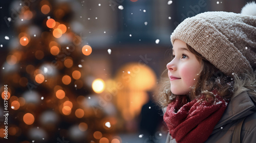Wallpaper Mural A smiling baby gilr child at a Christmas market looking at christmas ornaments, christmas trees and lights, candles, white christmas snow happy holidays Torontodigital.ca