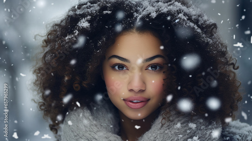 girl  black  mixed race  smiling  camera  snowman  background  snowing  winter  season  child  happy  outdoor  cold  weather  joyful  cheerful  young  people  holiday  cute  portrait  pretty  snowflak