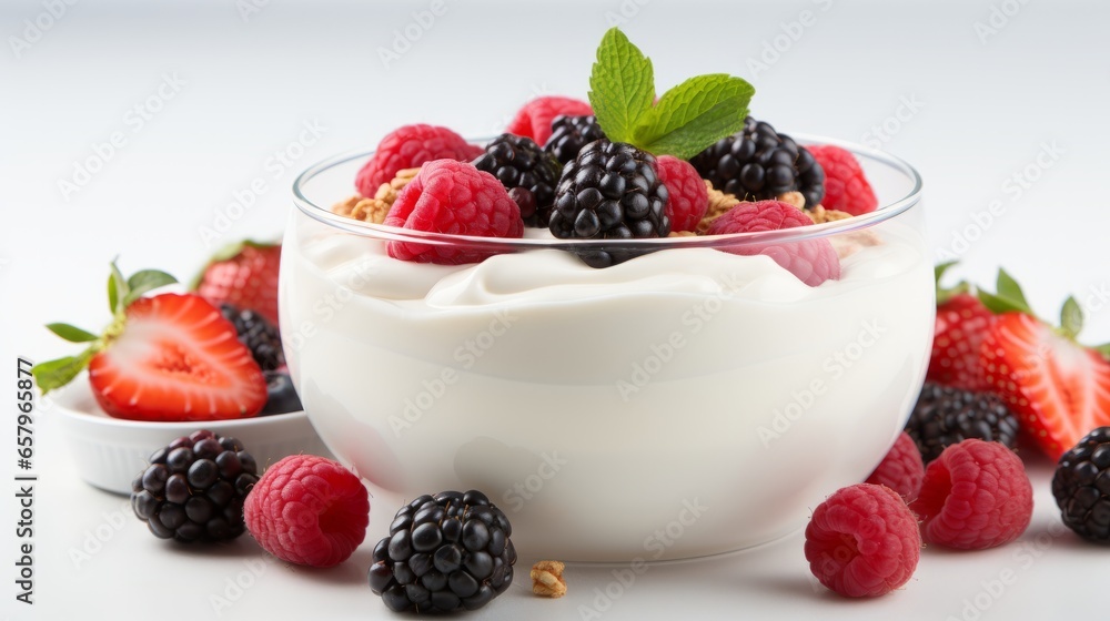 Photo of a delicious bowl of yogurt topped with fresh berries and a sprig of mint created with Generative AI technology Photo of a delicious bowl of yogurt topped with fresh berries and a sprig of mint created with Generative AI technology