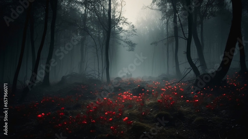 a red dark forest with fog 