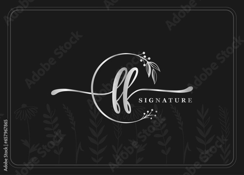 logotype gold signature initial ff logo design isolated leaf and flower