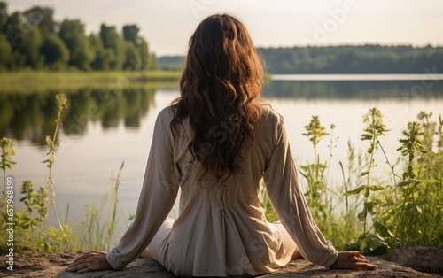 Back view of young woman do...