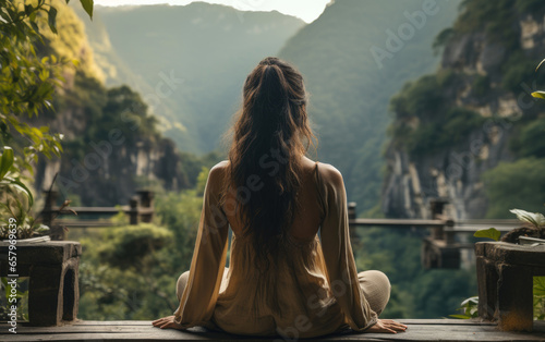 Back view of young woman do...