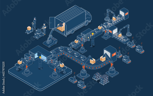 Automated Warehouse Robots and Smart Warehouse Technology concept with Agv robots, Warehouse Automation System and Automated inventory control platforms. Vector illustration EPS 10