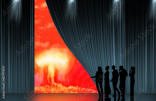 The stage is set for nuclear war and people are seen pulling back a curtain to reveal a mushroom cloud from an atomic bomb blast. World politics lately threatens atomic attack  in a 3-d illustration. photo