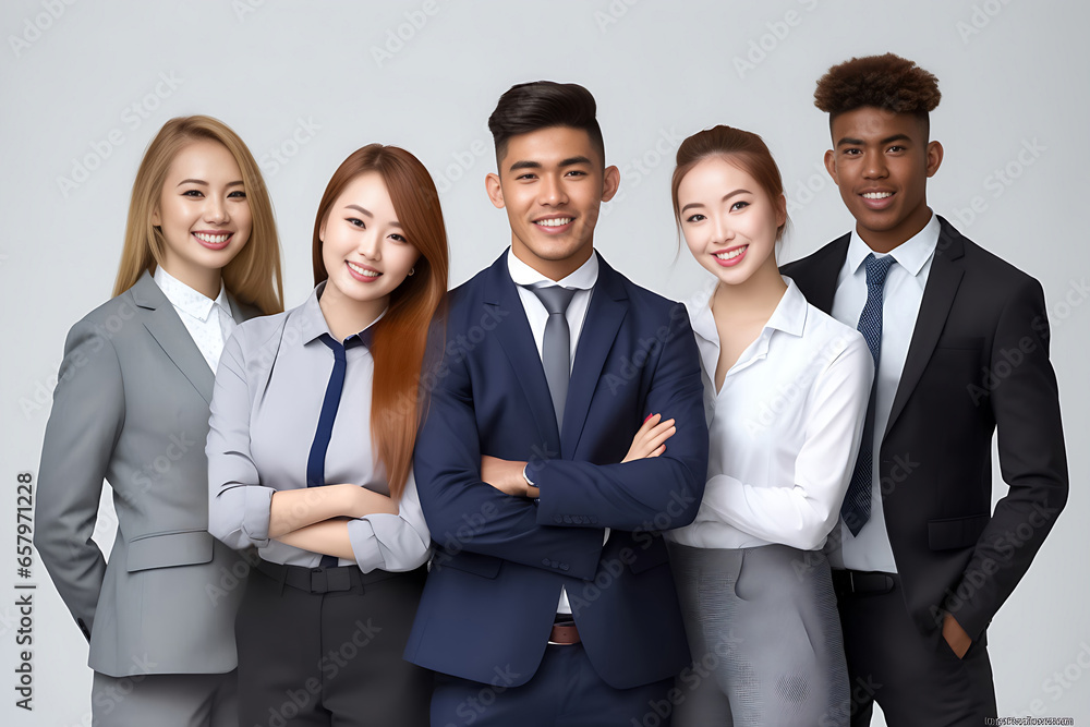 Portrait of successful group of Asian business people looking at camera. Portrait of happy businessmen and satisfied businesswomen standing as a team. Generative AI. Portrait of successful group of Asian business people looking at camera. Portrait of happy businessmen and satisfied businesswomen standing as a team. Generative AI.