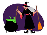 Halloween night illustration. Halloween vector illustration. Halloween witch costume is making poison.