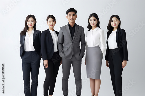 Portrait of successful group of Asian business people looking at camera. Portrait of happy businessmen and satisfied businesswomen standing as a team. Generative AI. © Surachetsh
