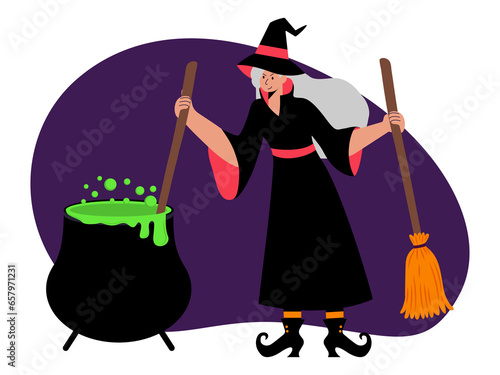 Halloween night illustration. Halloween vector illustration. Halloween witch costume is making poison.