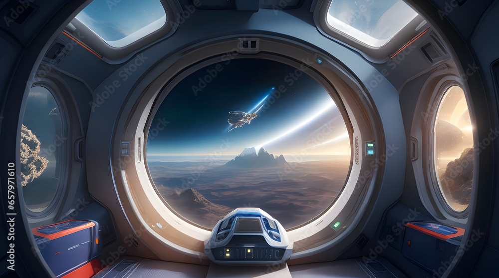 spaceship interior with a view out a dark window spaceship interior with a view out a dark window